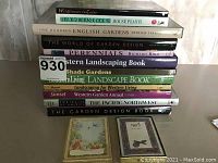 Stack of garden and landscape books with titles visible