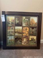 Frontal image of the entire wooden art panel showing 12 autumn-themed painted squares with rustic frame.