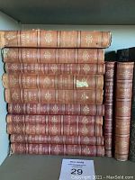 Shelf display of the set of 12 leather bound antique classic books showing spines with titles and decorative embossing.