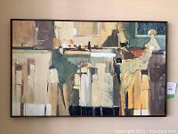 Frontal image of the framed abstract women at a bar art print showing composition and colors.
