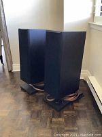 Front view of both speakers on stands with cables wrapped at base