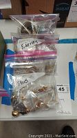 Photo of two transparent labeled plastic bags, one marked 'Earrings' and the other marked 'Pins', containing assorted costume jewelry items including earrings and pins.