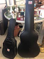 Two cases side by side: black SKB hard case (right) and black RBC soft gig bag (left).