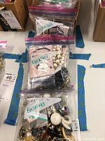 Three zipper bags labeled Necklaces and Earrings containing various jewelry pieces with beads, chains, and mixes of white and gold-tone colors.