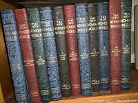 Front view of all 11 volumes in the set showing colorful embossed spines with gold text and volume topics.