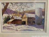 Close-up of watercolor painting showing barn, silo, trees, and hills under winter light with shadows.