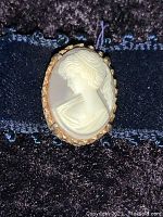 Close-up photo of the cameo pin showing the woman's profile in a gold-tone frame on dark background.