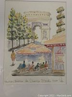 Close-up of watercolor showing the street scene with the Arc de Triomphe, umbrellas, and people.