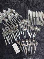 Full view of the 58 stainless steel flatware pieces arranged in groups by type on a dark surface.