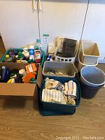 Lot overview showing boxes and containers of assorted cleaning supplies and household items arranged on the floor against a cabinet.