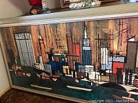 Full front view of mid century style harbor print in burlap inset frame