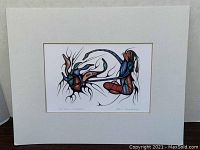 Print titled The Duck Guardian by Cecil Youngfox shown with acid-free matting and slight bend at lower left corner