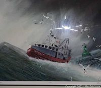 Close-up of the fishing boat 'B.B. Miller' in the print showing detail and numbering.