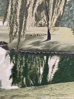 Close up of the water and tree reflection details in the painting.