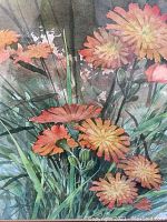 Close-up of the wildflowers watercolour painting showing vibrant orange and yellow flowers with green leaves and stems.