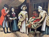 Detail of oil painting showing a flower vendor interacting with a couple dressed in historical clothing under a wooden roof