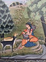 Painting of a young woman sitting outdoors playing flute, with three deer near her and lush foliage around.