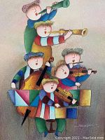 Close-up of colorful stylized musicians playing instruments showing applied paint texture.