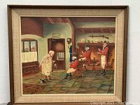 Framed oil painting showing four men in period costume inside a rustic room, main view of full work