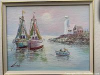 Full view of the framed oil painting depicting two sailboats, a small rowing boat, and a lighthouse scene, signed Luini in the bottom left corner.