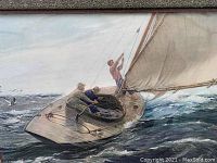 Close-up view of the sailboat print showing three men on a wooden sailboat in rough waters, highlighting the sail and boat details.