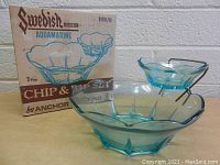 Three-piece vintage chip and dip set displayed with original box against a light background. Includes one large chip bowl, one smaller dip bowl, and metal stand.
