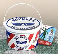 Front view of Bucket O Soldiers plastic bucket with attached Disney Toy Story tag stating 75 army men but containing 89