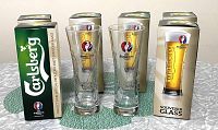 Photo of the six boxed souvenir Carlsberg beer glasses for UEFA Euro 2016 France. Shows three pairs of beer glasses and original packaging.