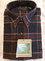 Folded Claybrooke Outdoors flannel shirt with original tag visible showing size and brand