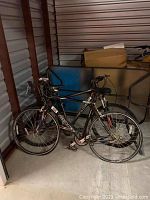 Two adult bicycles leaning against storage unit wall