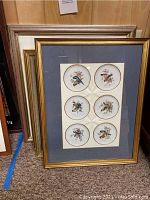 Six small porcelain plates featuring different bird illustrations framed together in a gold frame, with blue mat background.