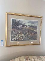 Framed farm/barn/pasture painting by Len Garon, showing overall artwork and frame.