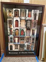 Framed collage of Chester County doors showing 18 doors in a brown wooden frame with black mat, titled 'Doorways of Chester County'