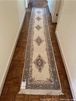 Full view of the runner rug placed in a hallway, showing the overall pattern and length.