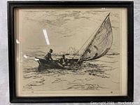 Framed etching front view showing sailboat etching with two figures under glass