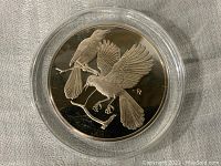 Close-up of the front of the silver medal showing two Mockingbirds in detailed relief with polished finish.