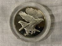Close-up front side view of silver proof coin with detailed goshawk birds in flight engraving inside protective case.