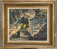 Frontal photo of oil painting showing stone staircase and arch framed by greenery and leaves.