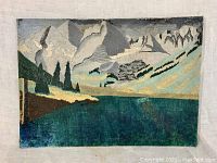 Front view of oil painting showing Snowmass Lake and mountains with visible warping and paint damage.