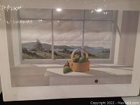 Full view of the Keith Hiscock print still sealed in plastic wrap showing the window scene with pears and hills outside.