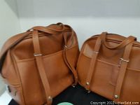 Front view of two brown carry-on bags side by side showing straps and general condition.