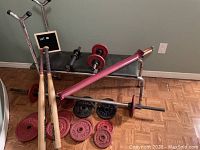 Overview of bench with weight bars, plates, bats and cue case