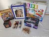 Wide view of all puzzles and games including The Game of Life, Mindtrap, Brain Benders, Cats Around The World puzzle, wooden puzzle cylinders, and loose wooden pieces.