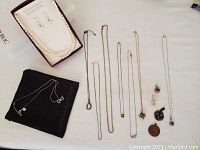 Overall view of multiple necklaces and pendants laid out showing variety of items including chains and pendants.