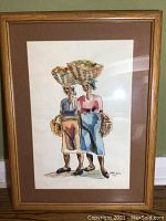 Full image of framed painting showing two Jamaican women carrying baskets.