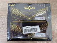 Front view of sealed Oloy Warhawk Memory Series X2 packaging showing two RAM modules and packaging design