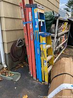 Two Werner ladders standing against a house wall near outdoor shelves; one is 6 ft and the other 4 ft, showing colors and brand labels