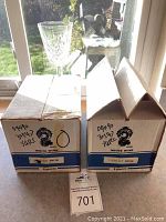 Two original boxes labeled “White Wine 6 pieces” with one Lismore glass placed behind