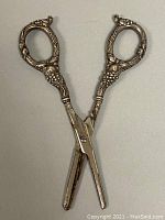 Front view of antique sterling silver grape shears with ornate grapevine handles