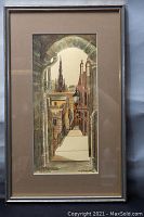 Full image of the framed watercolor depicting Advocates Close Edinburgh, showing the frame and matte condition.